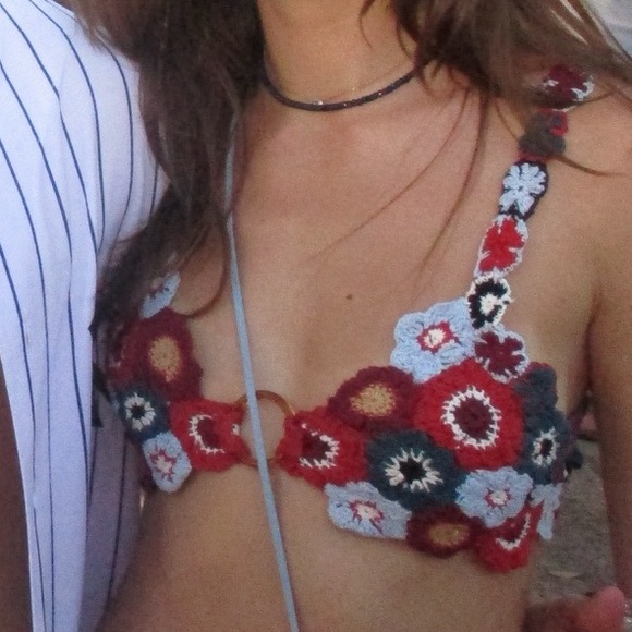 Agua Bendita Panay Crop Top in Multicolor Flower Hippie Crochet Bralette Bra - Picture 4 of 4
